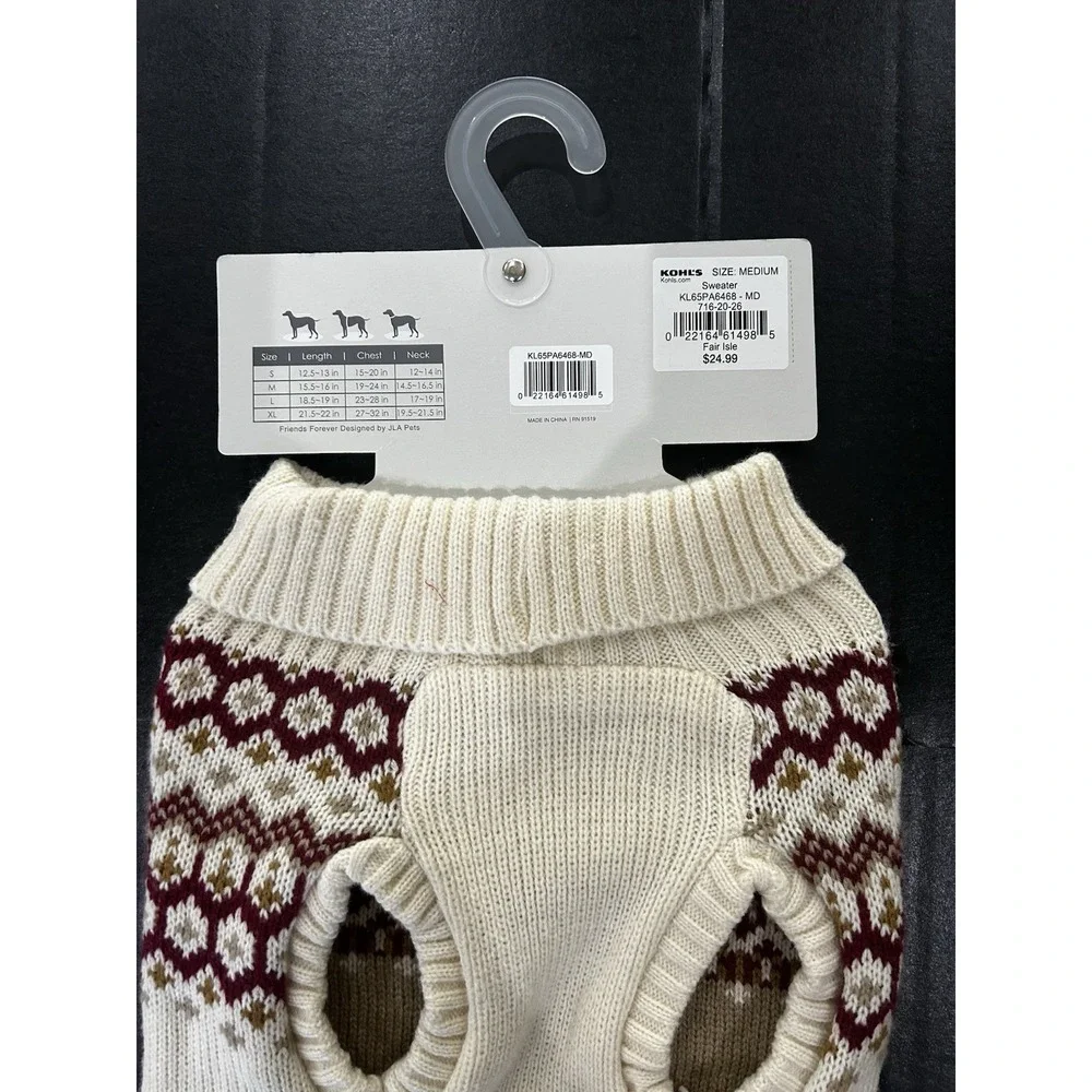 Friends Forever Dog Sweater Cream Burgundy Fair Isle W/ Buttons Size M Holiday
